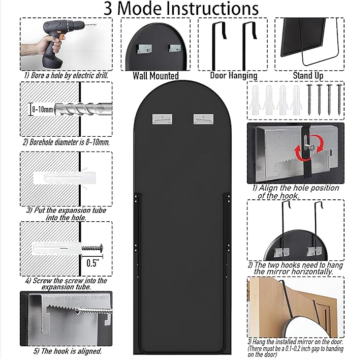 57x20 Door Hanging Full Length Mirror, Floor (Height 5.7ft just Body in1.3ft) or Wall Mounted Metal Frame Arch Dressing Mirrors for Bedroom Bathroom Living Room 57 20 inch Black