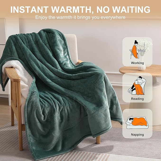 Electric Throw Blanket Green Heated Blanket 50X60in, Ultra Soft Silky Flannel and Fluffy Sherpa Heating Blanket with 5 Heat Levels & 4 Hrs Timer, ETL Certified & Overheat Protection, Gifts for Grandma