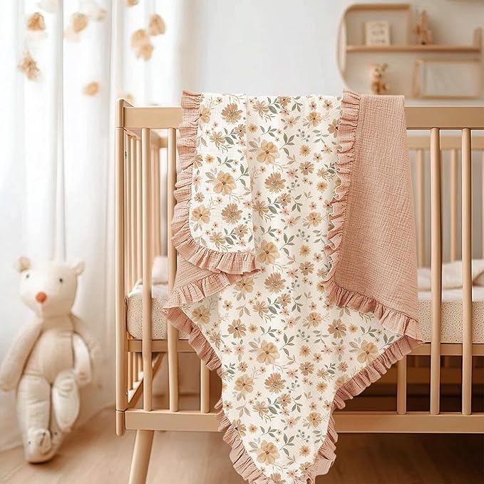 Konssy Flounce Muslin Baby Blanket for Girls Boys, 100% Cotton Soft Crib Swaddle Blankets, Reversible & Breathable Nursery Bedding for Newborns Toddlers, 40 x 36 Inches (Flourish)