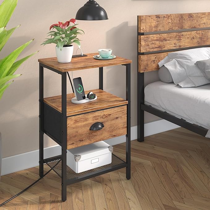 Nightstands Set of 2, Night Stands with Charging Station and Fabric Drawer, Bedside Tables with Drawers, 2- Tier Side Table with Open Shelf, Nightstands with Charging Station,Rustic Brown
