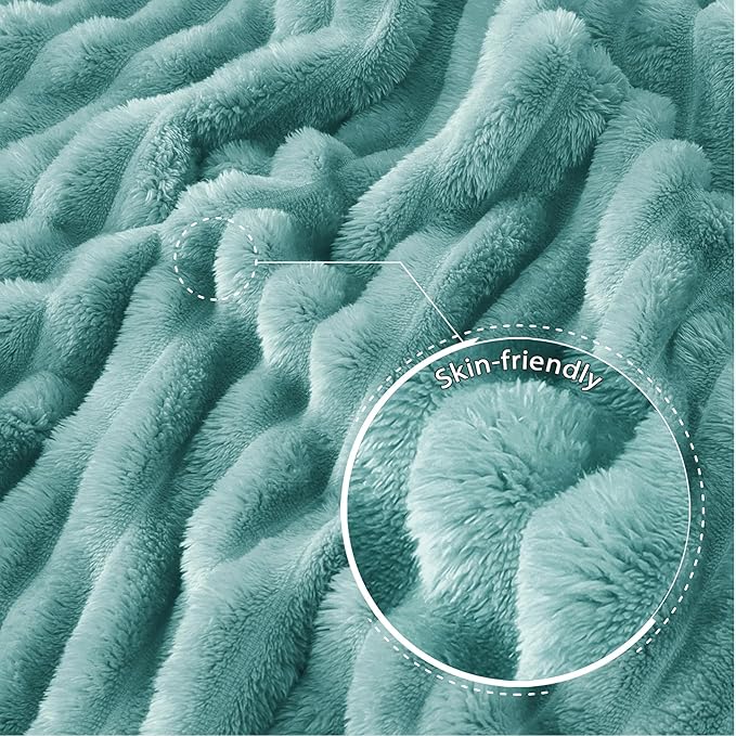 Exclusivo Mezcla King Size Flannel Fleece Blanket, Super Soft Striped Jacquard Bed Blanket, Lightweight Fuzzy Cozy for All Seasons, 90x104 Inches, Celadon