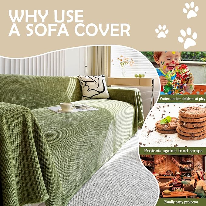 HANDONTIME Dark Green Couch Cover Jacquard Corduroy Couch Cover for Sofa Green Cute Sofa Covers Washable Morden Sofa Covers for 3 Cushion Soft Chenille Sectional Blanket Cover Sofa Decor, 71" X134"