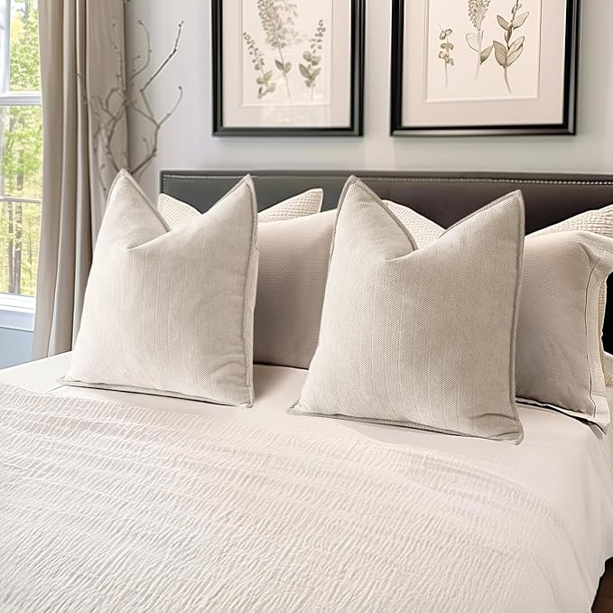 MIULEE Pack of 2 Cream Beige Decorative Pillow Covers 20x20 Inch Soft Chenille Luxurious Couch Throw Pillows Farmhouse Cushion Covers with Elegant Design for Sofa Bedroom Living Room Spring Decor