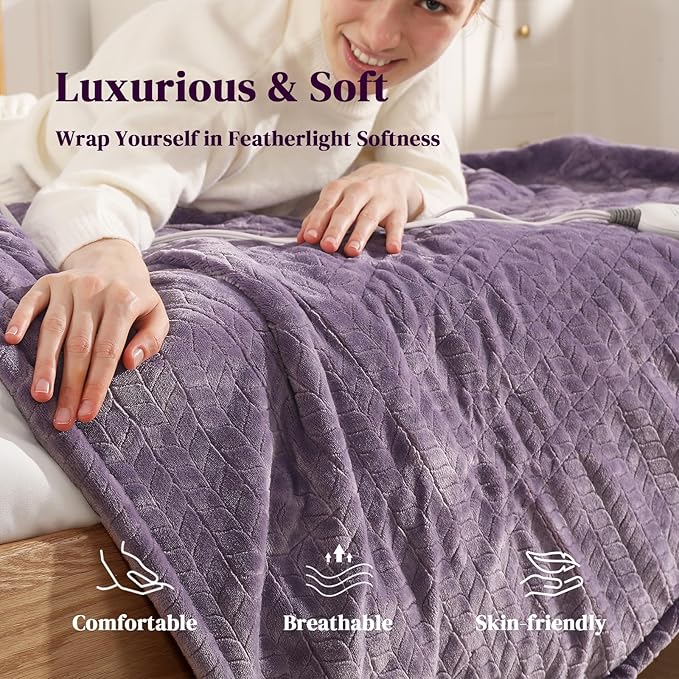 Heated Blanket King Size 90"x100" Electric Blanket King with Dual Control 5 Heat Settings, 10H Auto Off, FCC/ETL Certified, Wheat Pattern Flannel, Grandma, Machine Washable, Lavender