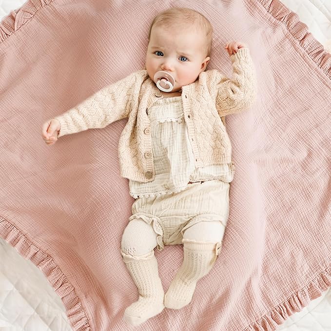 Konssy Flounce Muslin Baby Blanket for Girls Boys, 100% Cotton Soft Crib Swaddle Blankets, Reversible & Breathable Nursery Bedding for Newborns Toddlers, 40 x 36 Inches (Pink)