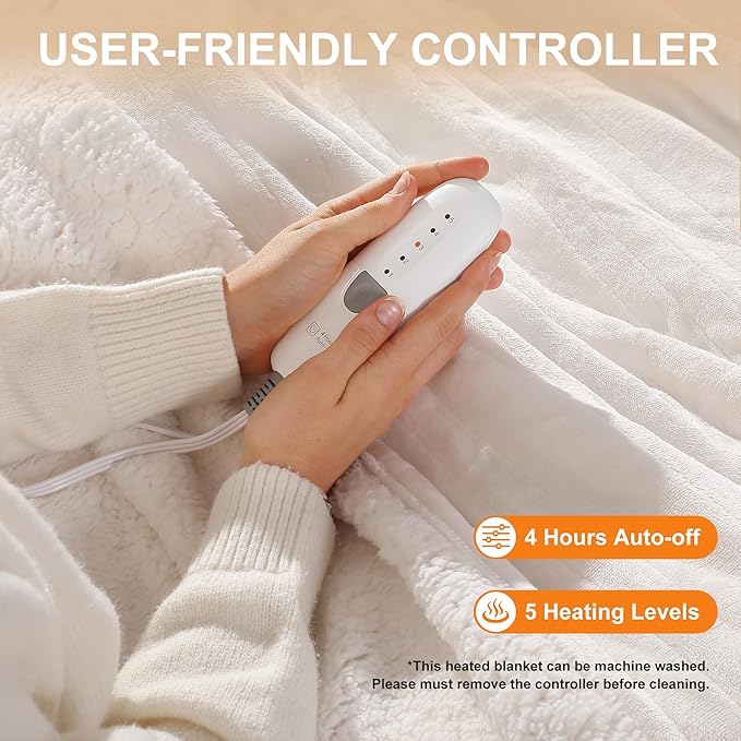 Electric Throw Heated Blanket 50''X60'' - Soft Silky Plush Electric Blanket with 5 Heating Level & 4 Hour Auto Off Heating Blanket, ETL Certified & Machine Washable for Grandma Gifts(Cream White)