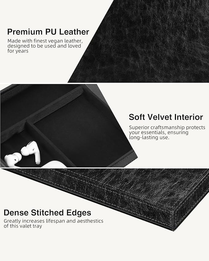 Valet Tray with Wireless Charger, Nightstand Organizer for Men, EDC Catchall Tray for Keys, Watch, Wallet, Jewellery, Premium Vegan Leather, Bedside Caddy, Stylish and Organized, PU Black