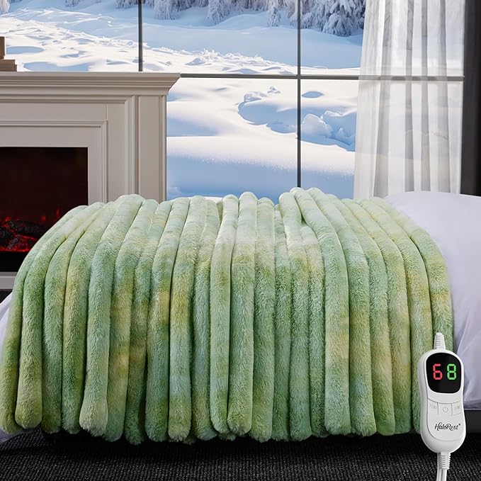 Heated Throw Blanket, Faux Fur Cozy Heating Blanket with Overheat Protection, 1/2/4/6/8 Hours Auto-Off 10 Heat Level, Machine Washable (62x84 Inches, Tie-Dye Green)