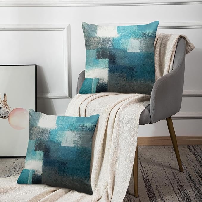 Britimes Throw Pillow Covers Modern Home Art Decor, 18 x 18 Inches Set of 2 Pillow Cases Decorative, Abstract Oil Painting Pillowcases for Bedroom, Living Room, Teal Peacock Blue