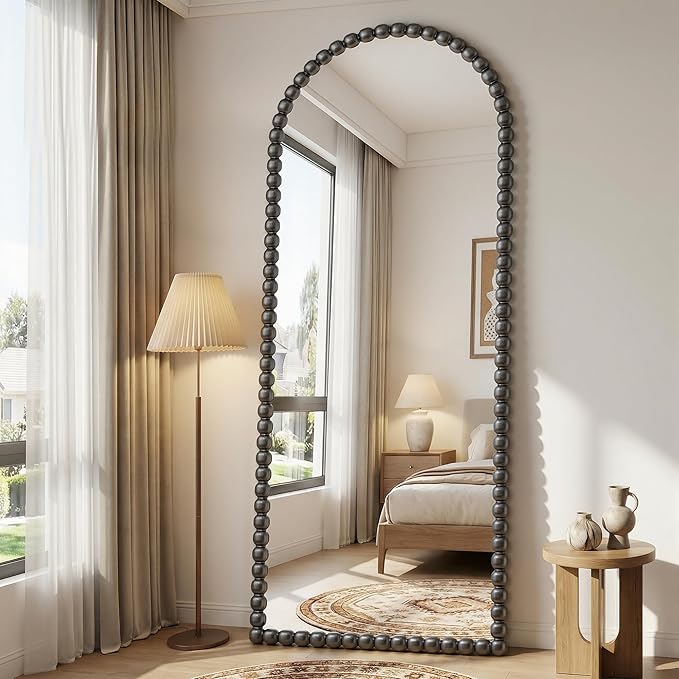Antok 71" x 28" Arched Full Length Mirror, Antique Beaded Frame Floor Standing or Wall Mounted Mirror with Stand for Bedroom, Entryway, Black, Luxury Style