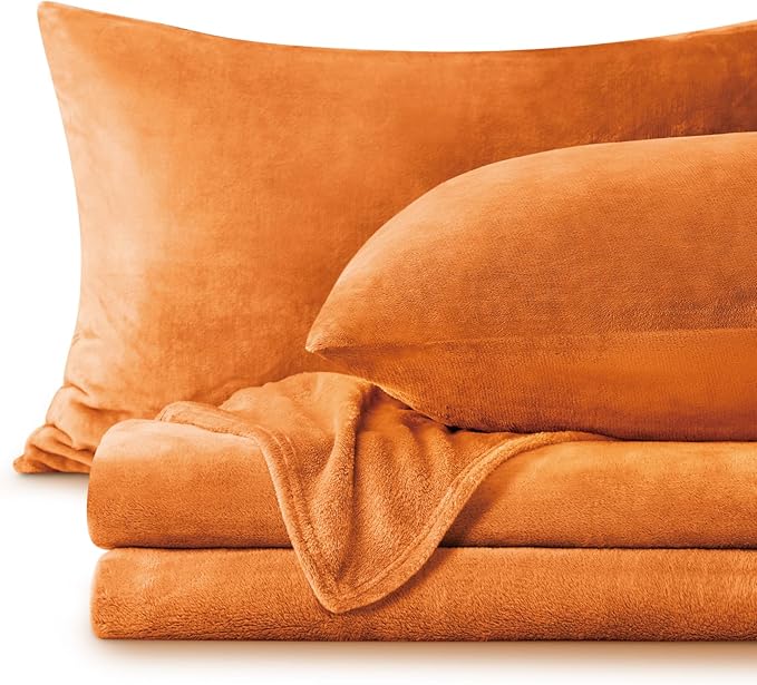 BEDELITE Flannel Sheets King Size Burnt Orange - Super Soft Fall Fleece Sheets Set Fluffy Extra Plush, 4 Piece(Include Fitted Sheet, Flat Sheet, 2 Pillowcases)