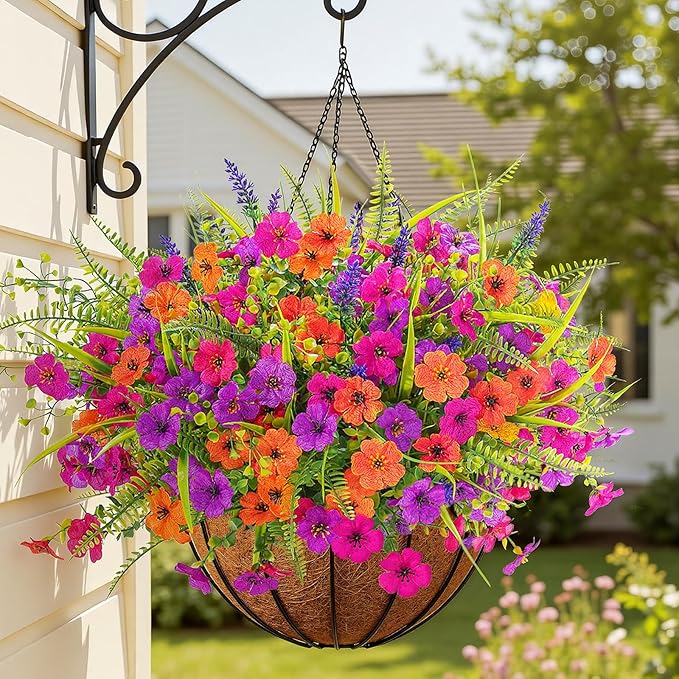 Alupssuc 48 Bundles Artificial Flowers for Outdoors Spring Summer Decoration, UV Resistant Eucalyptus Violet and Lavender Silk Fake Plants for Outside Indoor Yard Home Patio Decor, Orange Rose Purple