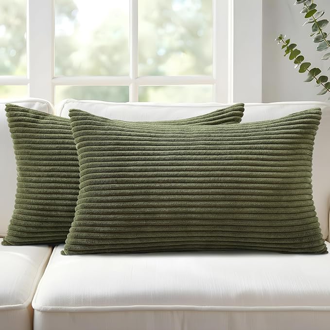 Mecatny Corduroy Decorative Throw Pillow Covers 12x20 Set of 2 for Sofa Living Room, Soft Neutral Boho Couch Pillow Covers for Home Decor, Olive Green