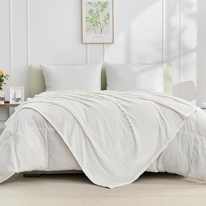 Bnuitland Fleece Throw Blanket for Couch, 300GSM Soft Warm Cozy Fluffy White Throw for Adults & Kids, Stripe Pattern 50"x60", All Season Sofa Bed Blanket for Home Decor