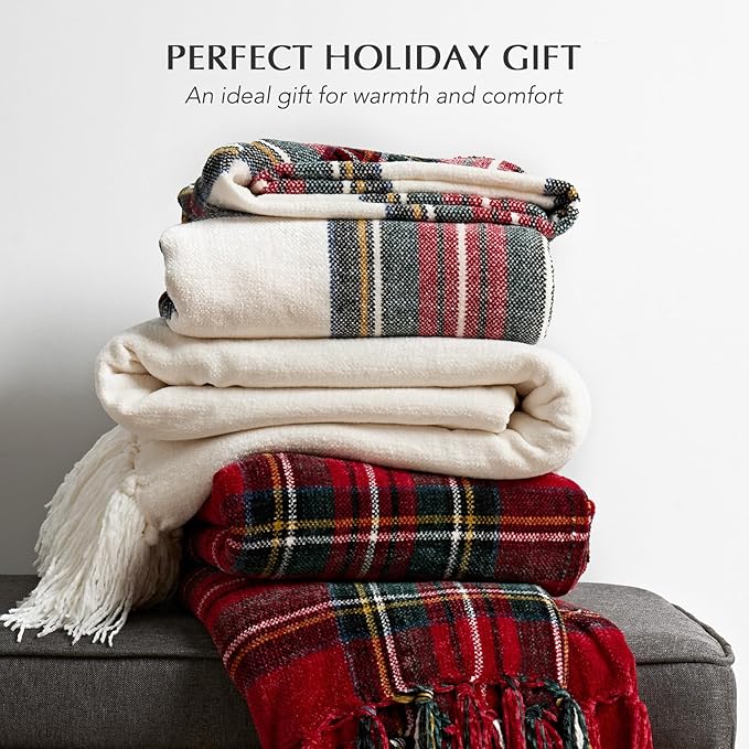 EverGrace Stewart Christmas Plaid Chenille Throw Blanket for Couch, Super Soft Cozy Tartan Checkered Throw Blanket with Tassels, Lightweight Plush Chenille Knit Throw for Christmas Decor, 50”x60”