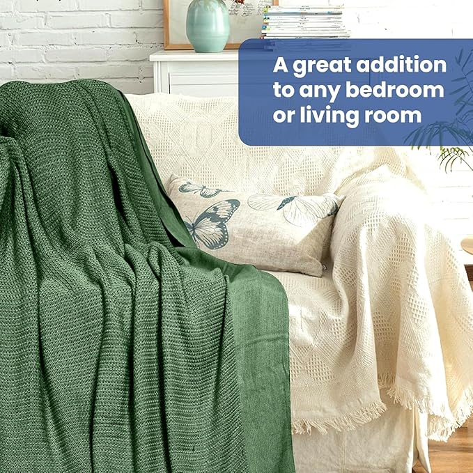 Linteum Textile Supply Leno Weave Hunter Green Blanket, Queen 100% Cotton, Lightweight, Warm, Extra-Fluffy, Premium and Durable Soft & Cozy Bed Blanket for Bed, Couch, Sofa Throw for All Season