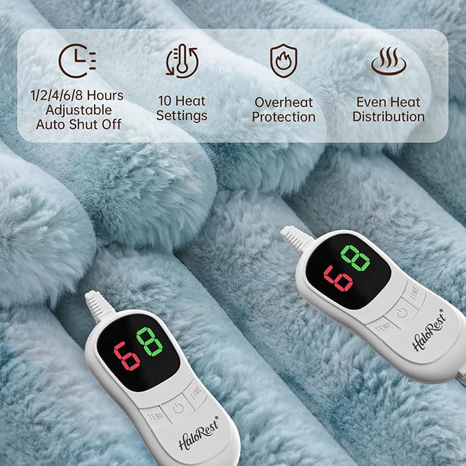 Heated Throw Blanket, Faux Fur Cozy Heating Blanket with Overheat Protection, 1/2/4/6/8 Hours Auto-Off 10 Heat Level, Machine Washable (84x90 Inches, Blue)