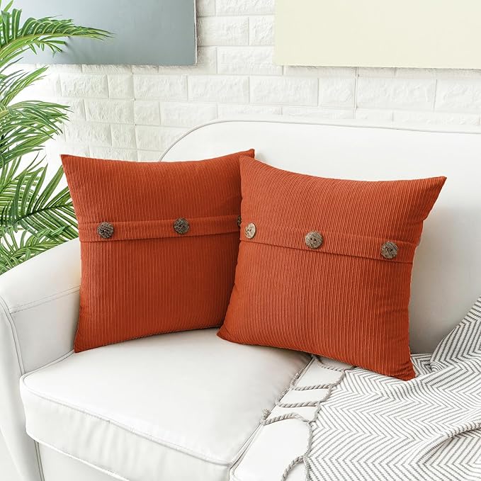 HWY 50 Burnt Orange Chenille Throw Pillow Covers 20x20 Inch with Triple Buttons, Soft Fall Farmhouse Accent Decorative Cushion Cases for Couch Sofa Bed Living Room Pack of 2