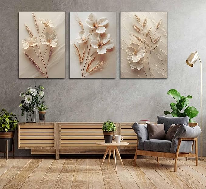 3Pcs Neutral Beige Floral Botanical Canvas Wall Art Modern Simple Texture Flower Plant Painting Picture Wall Decor Vintage Blossom Poster Print Artwork for Living Room Bedroom Bathroom