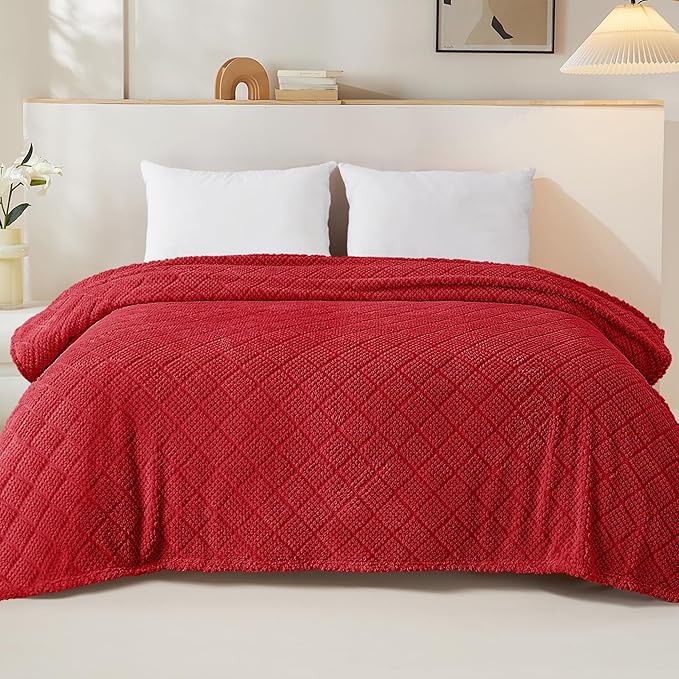 Whale Flotilla Fuzzy Fleece King Size Blanket for Bed, Soft Fluffy Jacquard Waffle Blankets for All Season, Lightweight and Warm, 90x104 Inch, Red