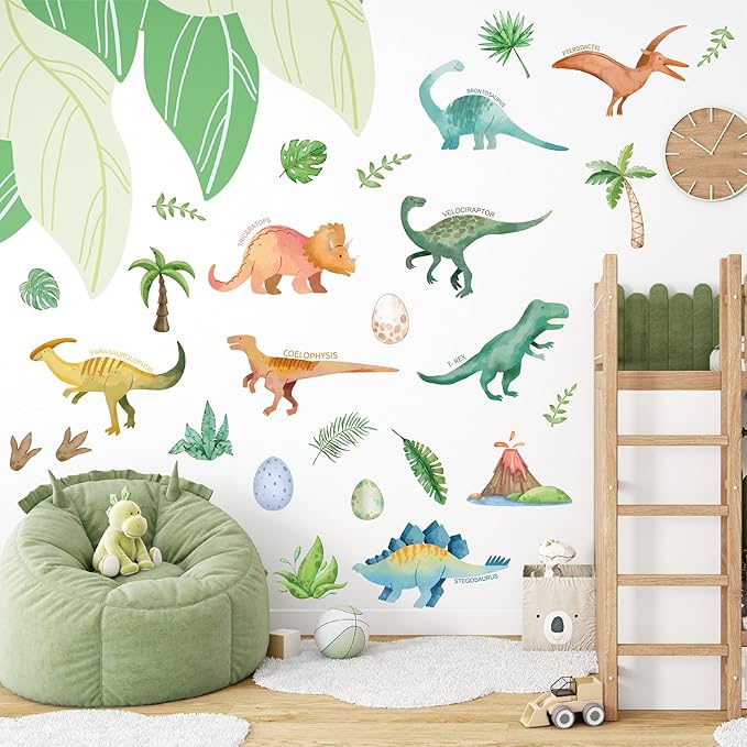 Dinosaur Wall Decals- Dino Palm Tree Wall Stickers Peel and Stick Wall Decor for Boys Room Bedroom Living Room Nursery Classroom Playroom Home