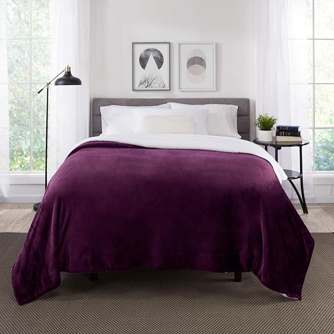Genteele Sherpa Throw Blanket Super Soft Reversible Ultra Luxurious Plush Blanket, 90 x 90 inches, Rich Purple/White
