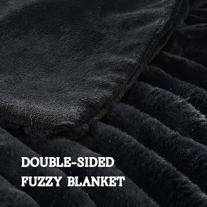 Lotus Karen Blanket for Bed Queen Size, Cozy Soft Fluffy Fuzzy Black Blanket, Striped Warm Thick Furry Plush Shaggy Large Blankets for Women, 90x90 Inches