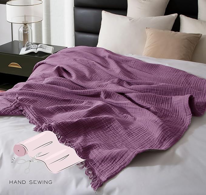 KyraHome 100% Organic Cotton 50"x60" Muslin Throw Blankets for Adults, Kids, Picnic, Travel, Plant Dyed, Lightweight Gauze Soft Cotton Throw Blankets for Couch, All Season, Purple/Lavender
