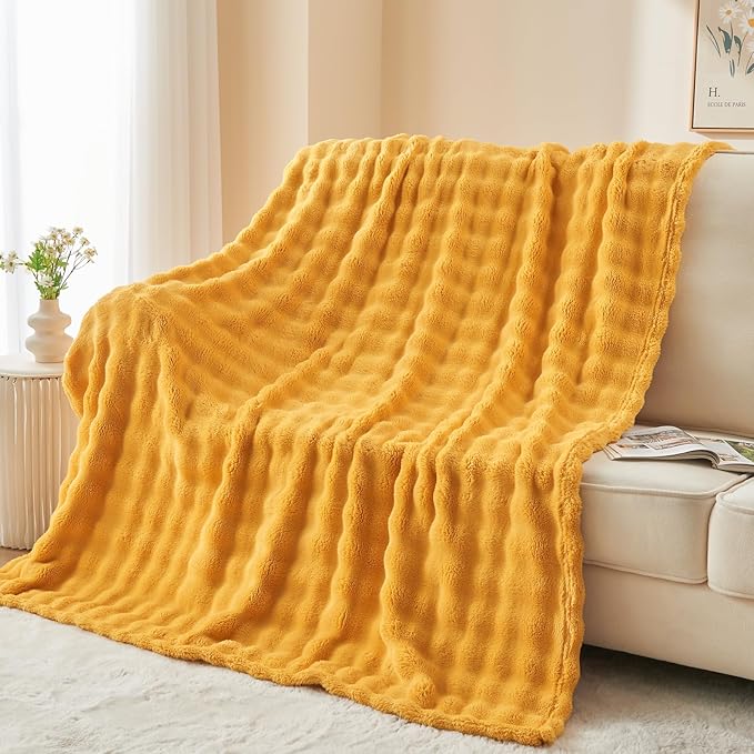 NEWCOSPLAY Twin Blanket for Couch Mustard Yellow Super Soft Flannel Fleece 3D Bubble Lightweight Bed Blanket All Season Use (Mustard Yellow, Twin(60"x80"))