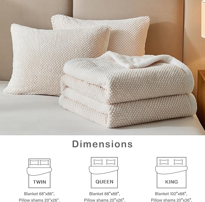 Luxury Flannel Fleece Sherpa Blankets Queen Size for Bed, Jacquard Boho 3-Layer Thick and Warm Blanket for Winter, Soft Cozy Fuzzy Plush Velvet Blanket with 2 Pillow Cases, Beige, 88x88 Inches