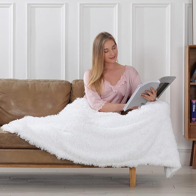 Tuddrom Decorative Extra Soft 100% Polyester Blanket Queen Size 80"x90",Solid Reversible Fuzzy Fluffy Plush Fur Blanket for Couch Sofa Bed,Pure White