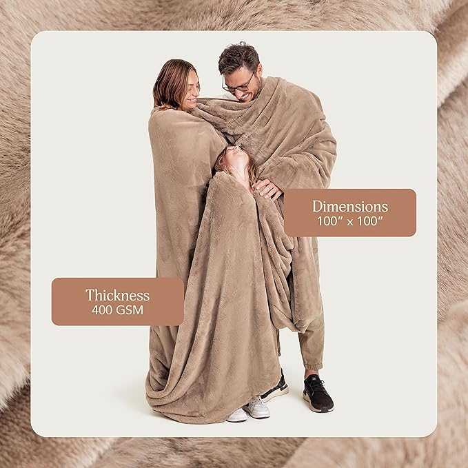 UnHide Cuddle Puddle - Faux Fur Blanket - Oversized, Lightweight, Extra Soft Blanket - Machine Washable - Add a Layer of Softness to Any Bed or Couch - 100” x 100” - Taupe Ducky