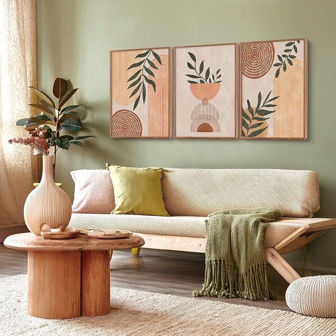 CHDITB Boho Geometric Framed Canvas Wall Art Set Of 3, Modern Minimalist Wall Decor, Bohemia Sage Leaves Painting, Mid Century Office Art Prints For Living Room, Bedroom Decor(12X16 Inch)