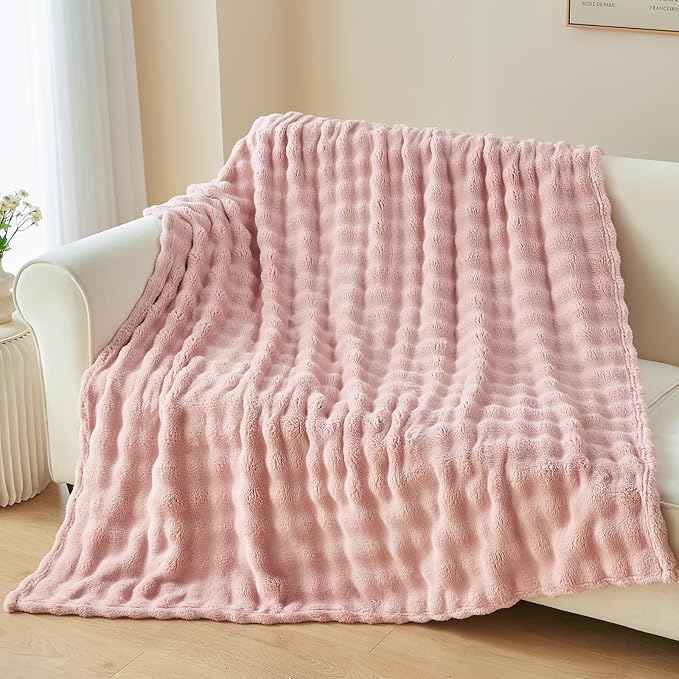 NEWCOSPLAY Twin Blanket for Couch Pink Super Soft Flannel Fleece 3D Bubble Lightweight Bed Blanket All Season Use (Pink, Twin(60"x80"))