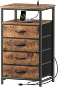 Huuger Night Stand with Charging Station, 4 Drawer Dresser for Bedroom, Bedside Table, 33.9 Inch Tall Nightstand with Open Shelf, End Table, for Closet, Entryway, Bedroom, Rustic Brown