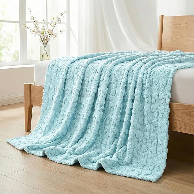 Horaldaily Valentine Bow Blanket Throw, Blue Bow Soft Fuzzy Plush Faux Fur Cozy Blankets for Couch Sofa Bed Lounging, Ideal Gifts for Kids Adults Wife Self, 60x80