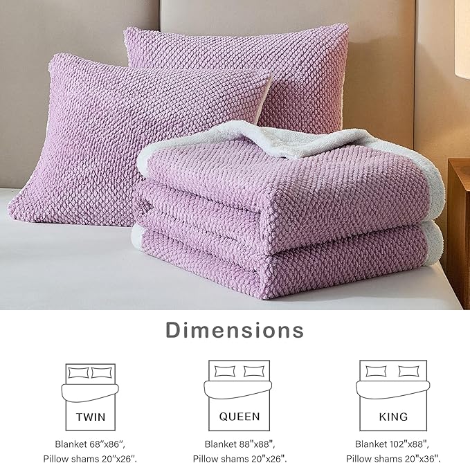 Luxury Flannel Fleece Sherpa Blankets Twin Size for Bed, Jacquard Boho 3-Layer Thick and Warm Blanket for Winter, Soft Cozy Fuzzy Plush Velvet Blanket with 2 Pillow Cases, Purple, 68x86 Inches