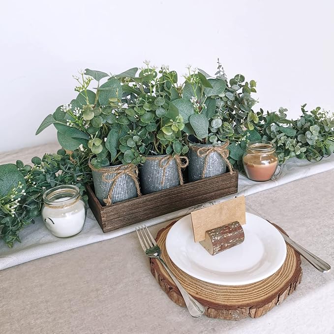 Set of 3 Farmhouse Galvanized Metal Pots Centerpiece Artificial Silver Dollar Eucalyptus Greenery Arrangement with Rectangle Wood Box for Table Desk Shelf Mantel Home Kitchen Indoor Decoration Gifts