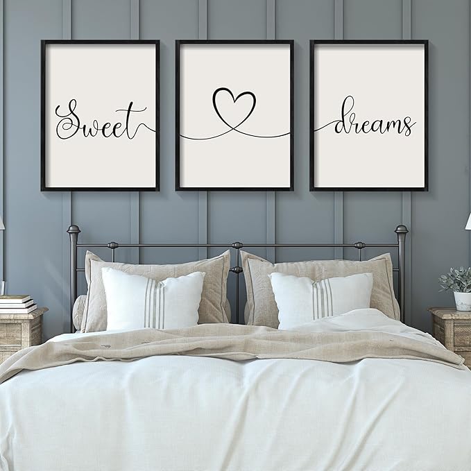 Ronasip Sweet Dreams Wall Decor for Bedroom Set of 3 Framed Wall Art for Farmhouse Rustic Home Master Bedroom Decor (11”x14”, Black)
