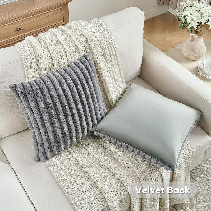 FUTEI Grey Decorative Throw Pillow Covers Set of 2, 28x28 Inch Soft Fluffy Faux Fur Plush Striped Euro Pillow Shams, Modern Home Decor for Couch Bed Living Room