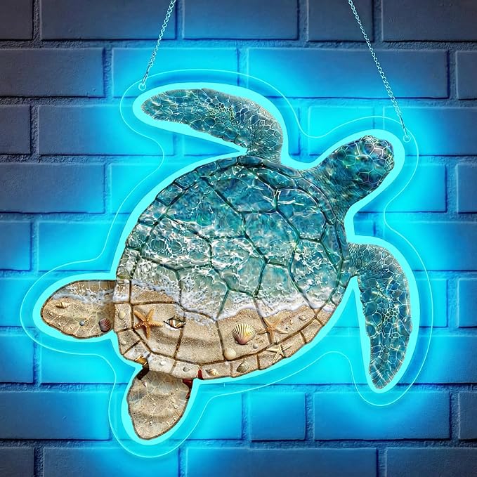 VIHOSE Sea Turtle Neon Sign Wall Decor LED USB Powered Sea Turtle Wall Art Decal Lamp Acrylic Coastal Ocean Neon Light up Sign for Bathroom Bedroom Nursery Living Room Bar Club Beach Decor Men Gifts