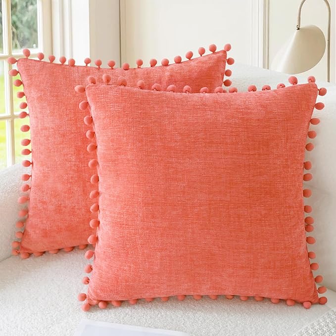 CaliTime Throw Pillow Covers Decorative 20 X 20 Inches Pack of 2 Cozy Solid Dyed Soft Chenille Cushion Cases with Pom Poms for Couch Sofa Bed Living Room Home Living Coral