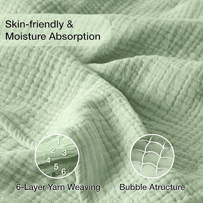 100% Cotton Muslin Blanket Twin XL 66" x 90", 6 Layers Cooling and Soft Twin Blankets for Bed, Lightweight Boho Coverlet Bedspread, Gauze Bedding for All Season, Sage Green