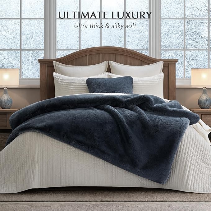 EVERGRACEHOME Luxury Soft Faux Chinchilla Fur Throw Blanket for Couch, Warm Thick Heavy Winter Throw Blanket 1220GSM for Bed, Fluffy Cozy Mink Blanket with Reversible Velvet, Stormy Blue Mink, 60"x80"