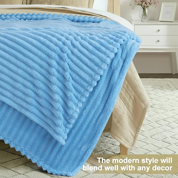 decorUhome Soft Fleece Blue Blanket King Size for Bed, Cozy Fluffy Plush Flannel Large Striped Throws for Couch Sofa, Lightweight Decorative Fuzzy Blanket for Woman, 108x90 Inches