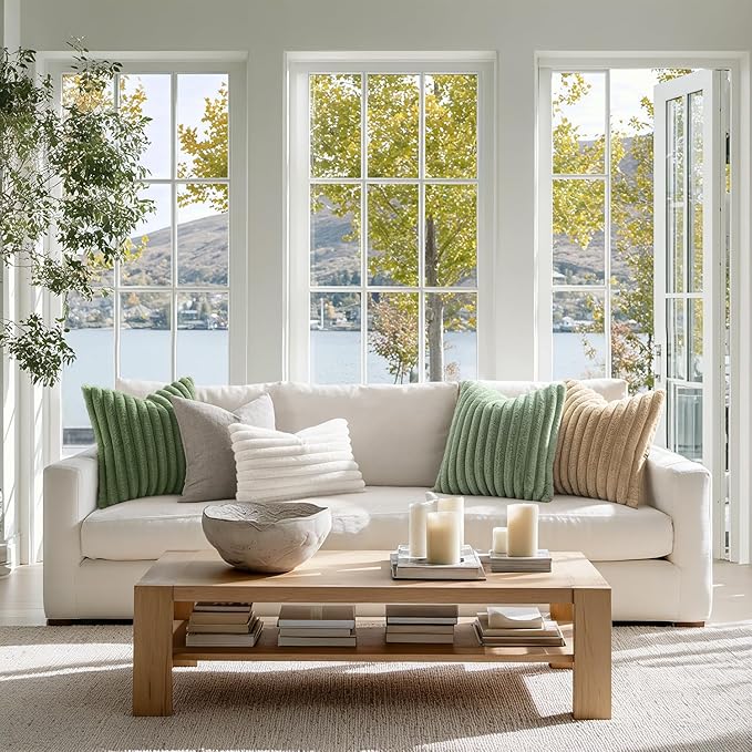 MIULEE Faux Fur Large Decorative Throw Pillow Covers 24x24 Inch Set of 2, Modern Spring Home Decor Soft Plush Couch Pillows Cozy Fluffy Cushion Covers for Sofa Bed Sage Green