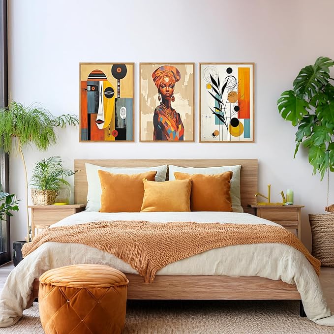 CHDITB Boho Abstract Black Woman Framed Canvas Wall Art, Orange African Artwork Ethnic Minimalist Portrait Murals Wall Decor, Vintage Geometric Aesthetics Art Prints For Bedroom Living Room-12X16 Inch