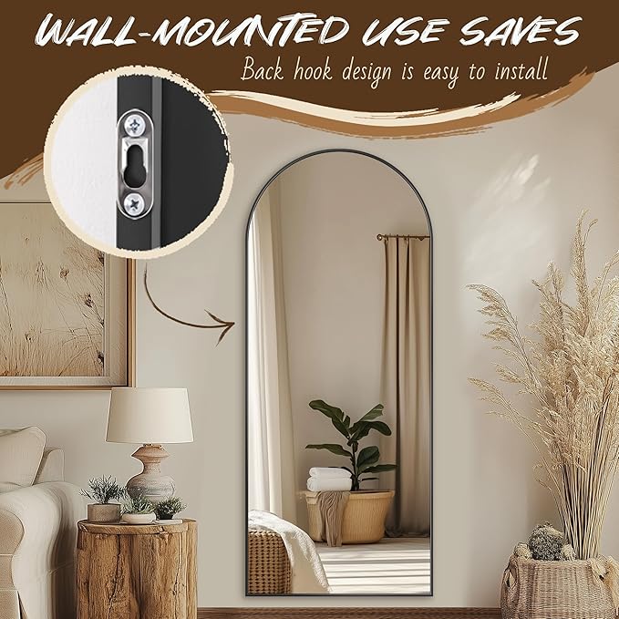 Antok Full Length Floor Mirror Arched Standing Mirror with Aluminum Frame - Freestanding Wall Mount Leaning Body Mirror for Bedroom Living Room Entryway, 58" L x 18" W, Black