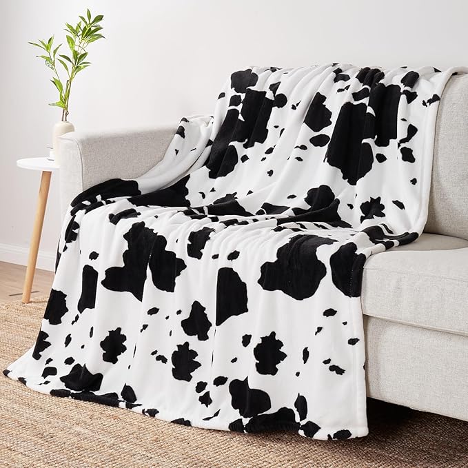 Cozy Bliss Cow Print Throw Blanket for Bed - Super Fuzzy Thick Soft Warm Fleece Blankets for Couch & Room Décor, for Women Men Girls Kids, Black & White Queen Size 90"*90"