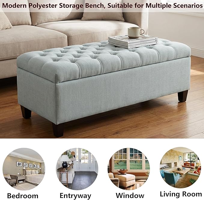 60.2" Storage Ottoman Bench for Bedroom Bed End,Polyester Upholstered Bench with Seating,Button Tufted Ottomans with Storage for Living Room,Bedside,Entryway (Baby Blue, 49.75")